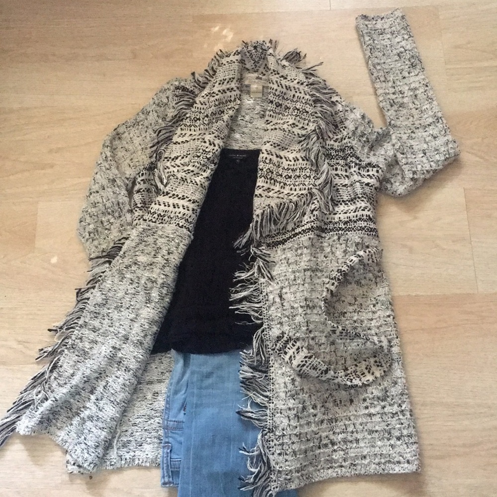Lucky Brand Chic Boho Belted Trench Style Sweater with Fringe Trim